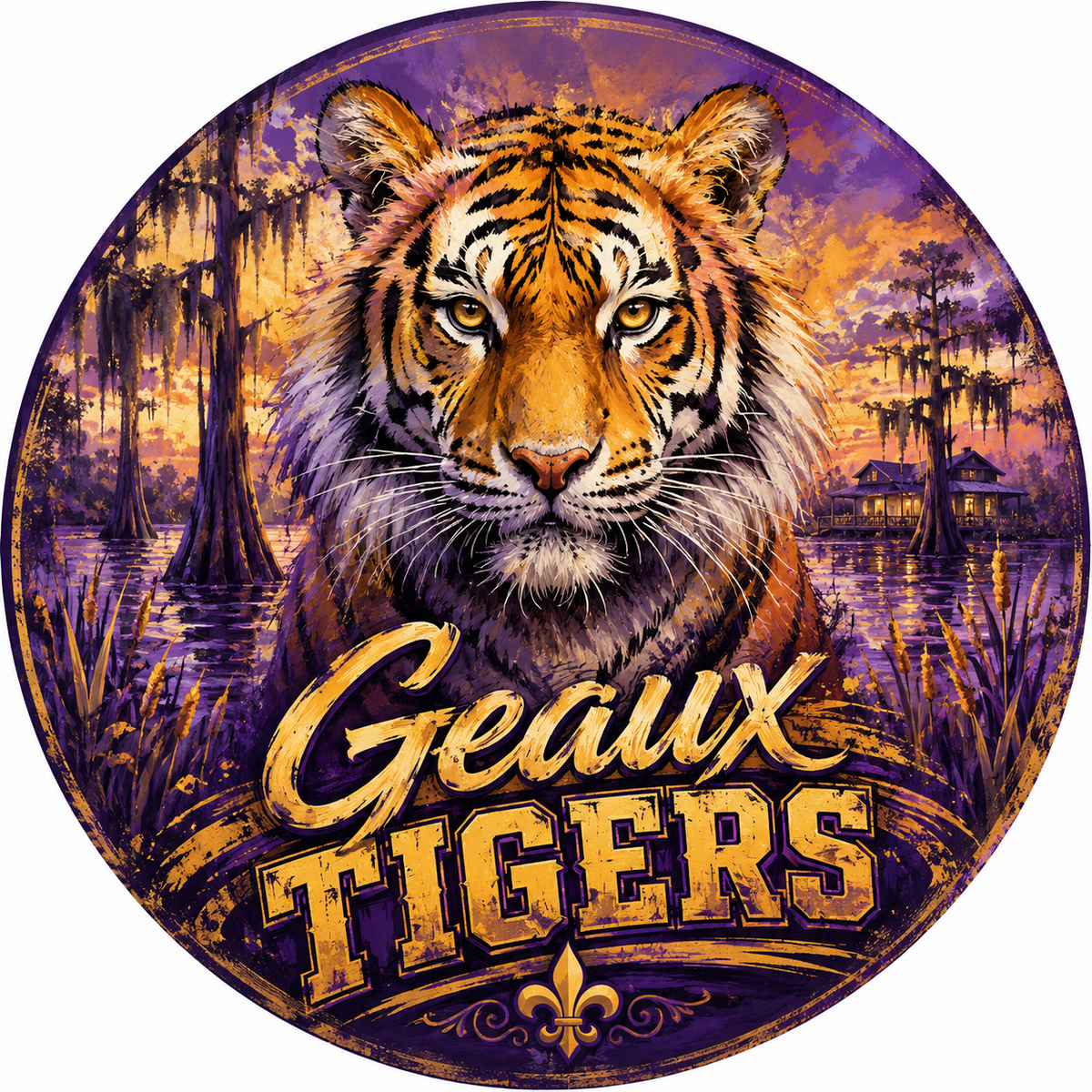 A circular graphic design featuring a large tiger head over a swamp scene at sunset, with the words 'Geaux TIGERS' in large gold lettering and a fleur-de-lis motif below.