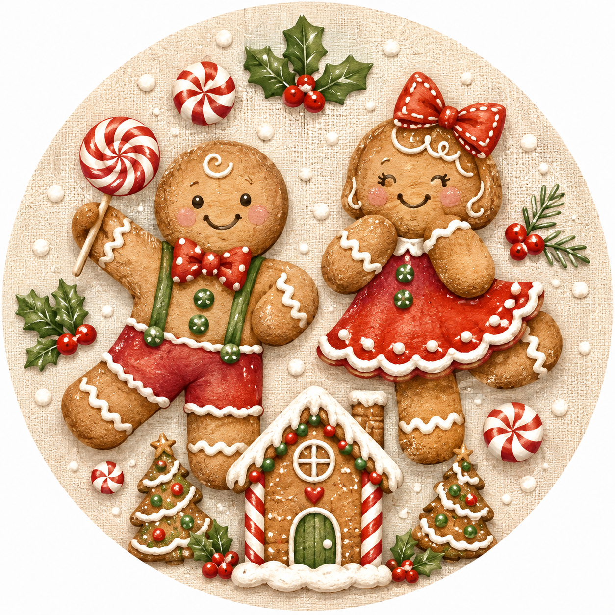 Round gingerbread Christmas metal sign featuring a gingerbread man and woman, candy house, peppermint candies, lollipops, holly and decorated gingerbread trees.