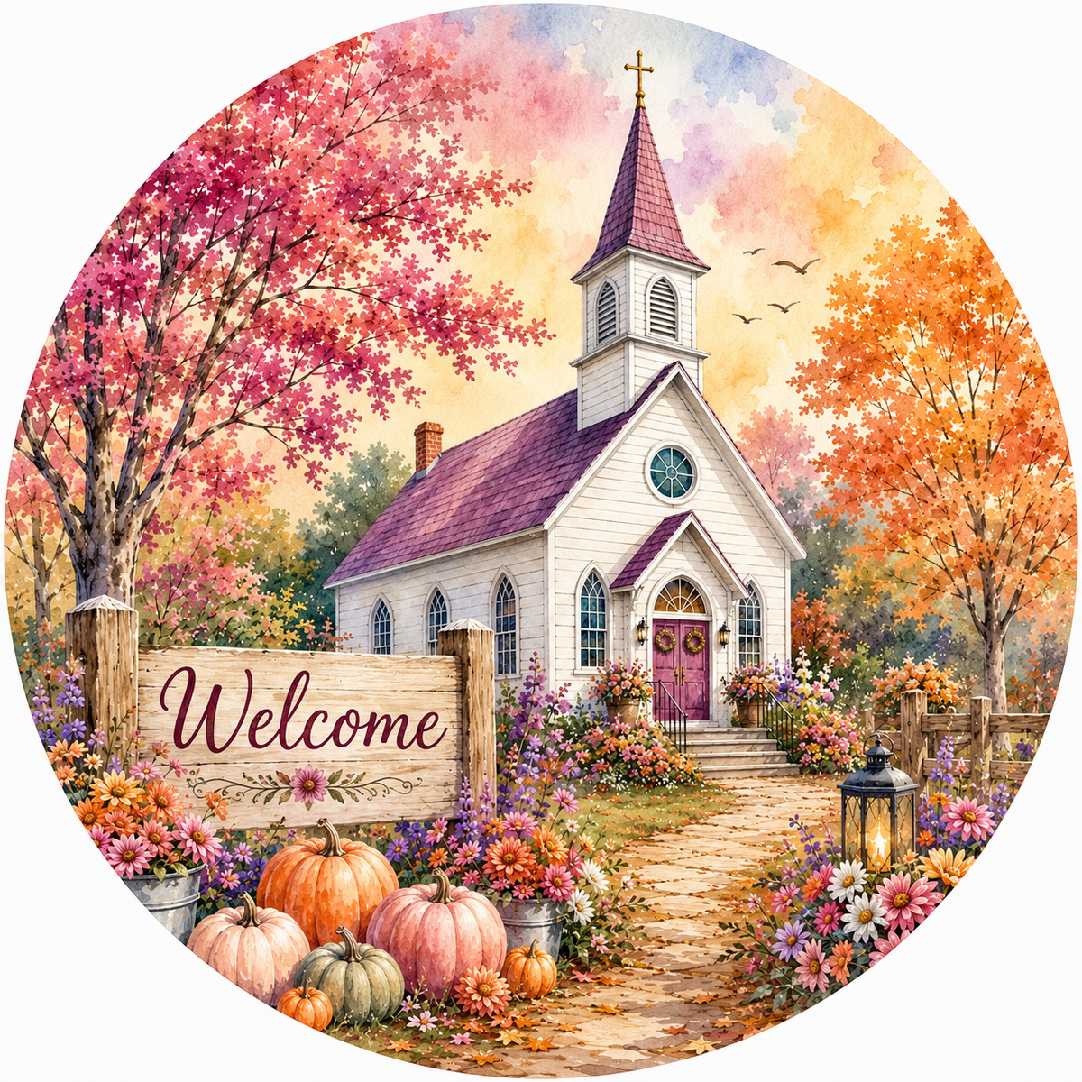 Round pink autumn church welcome metal sign for Christian fall wreaths, church entrances, front doors and faith-based seasonal decorating.
