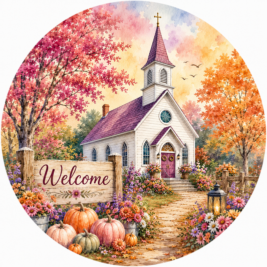 Round pink autumn church welcome metal sign for Christian fall wreaths, church entrances, front doors and faith-based seasonal decorating.