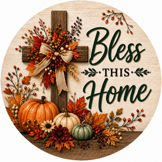 Round Bless This Home fall metal sign featuring a rustic wooden cross, burlap-style bow, orange and cream pumpkins, autumn leaves, berries and florals.