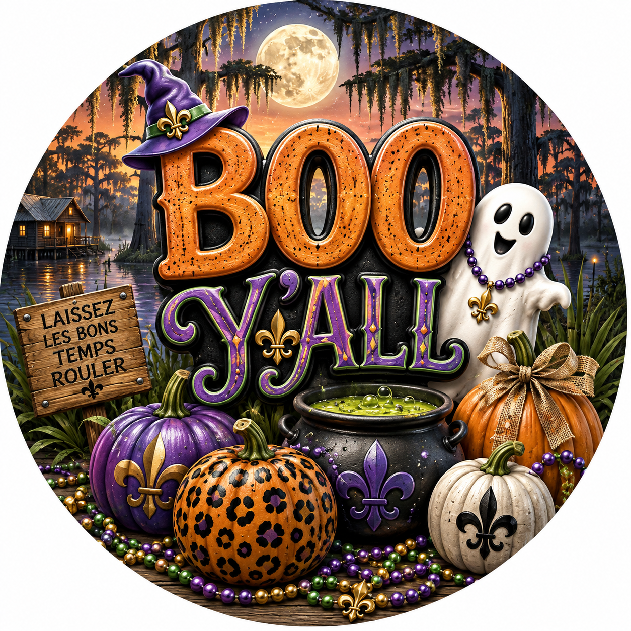 Round Bayou Boo Y’all Halloween metal sign featuring a friendly ghost, bubbling cauldron, Louisiana fleur-de-lis pumpkins, Mardi Gras beads and moonlit bayou scenery.