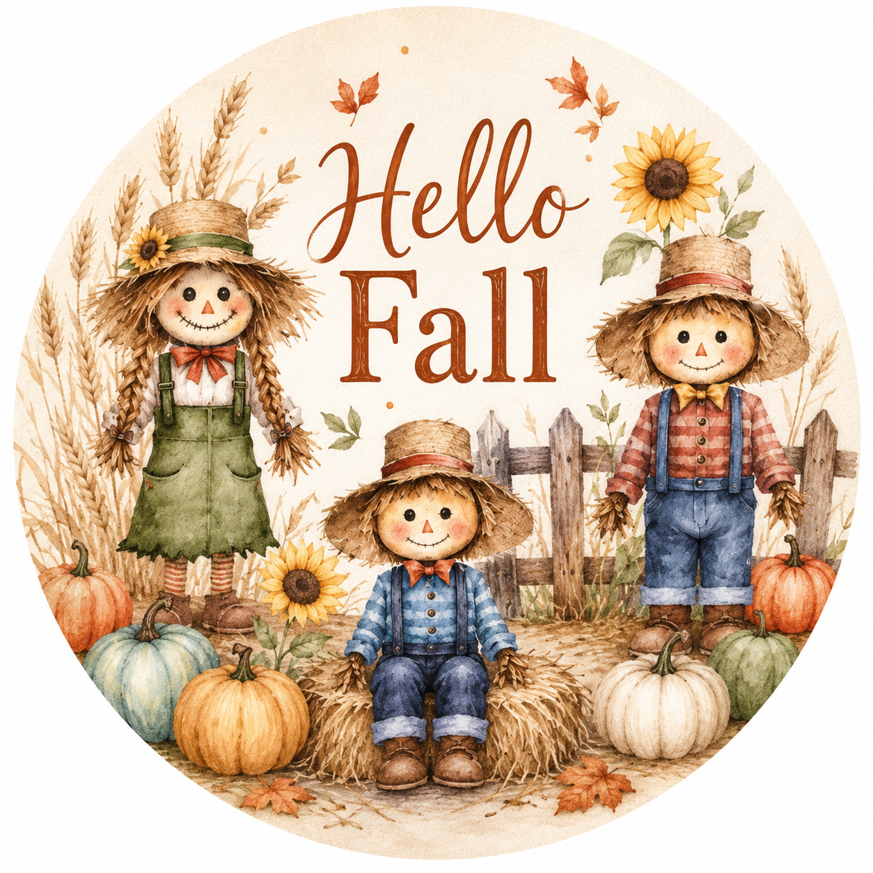 Hello Fall Metal Sign | Scarecrow Wreath Sign | Autumn Farmhouse Decor