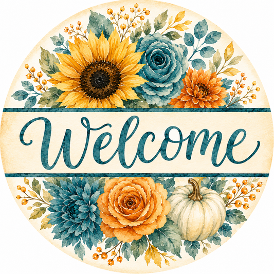 12" Watercolor Sunflower Welcome Metal Sign | Blue Fall Wreath Sign