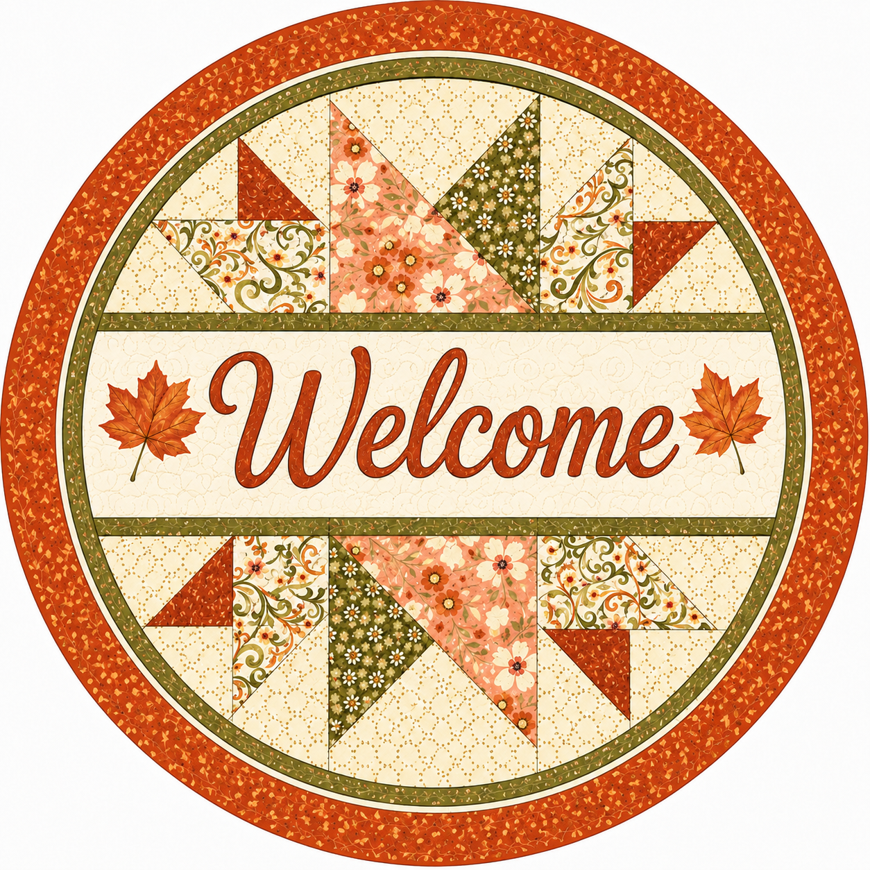 12" Fall Quilt Welcome Metal Sign | Autumn Patchwork Wreath Sign