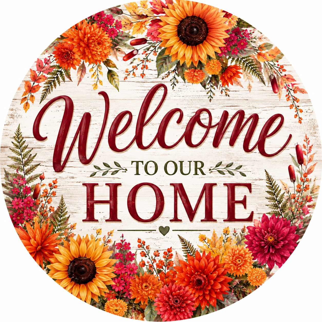 12" Welcome to Our Home Metal Sign | Fall Floral Wreath Sign