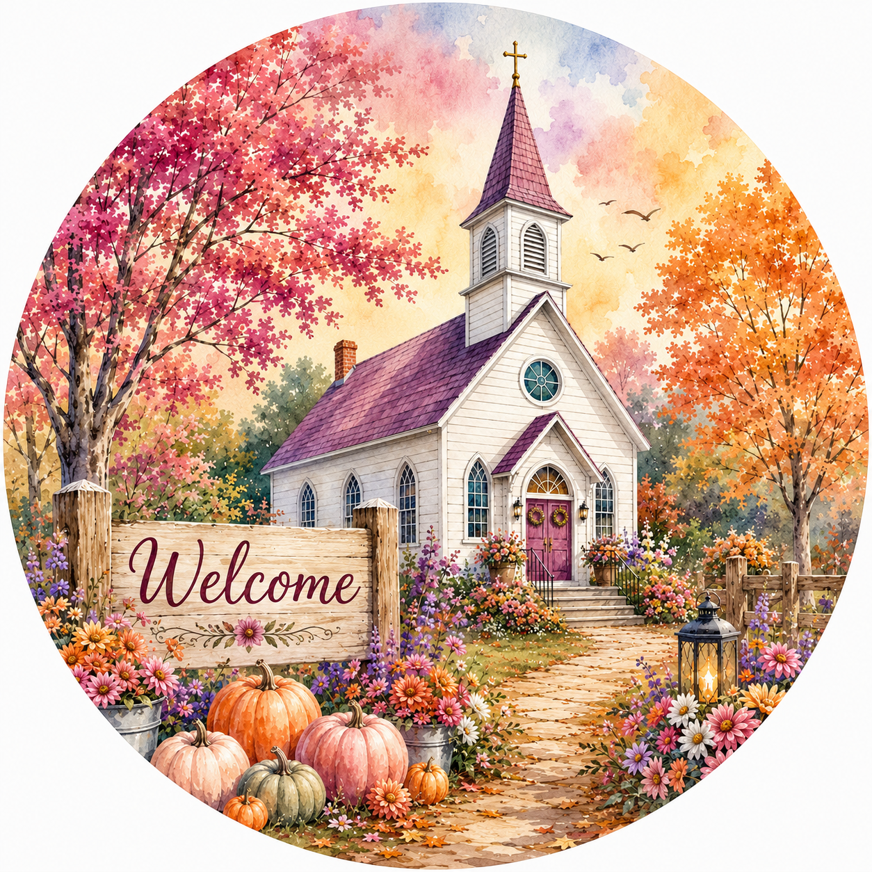 12" Autumn Church Welcome Metal Sign | Fall Wreath Sign - Pink
