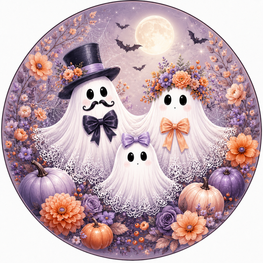 Round cute ghost family Halloween metal sign featuring three friendly ghosts, pastel pumpkins, peach and purple flowers, bats, spiderwebs and a glowing full moon.