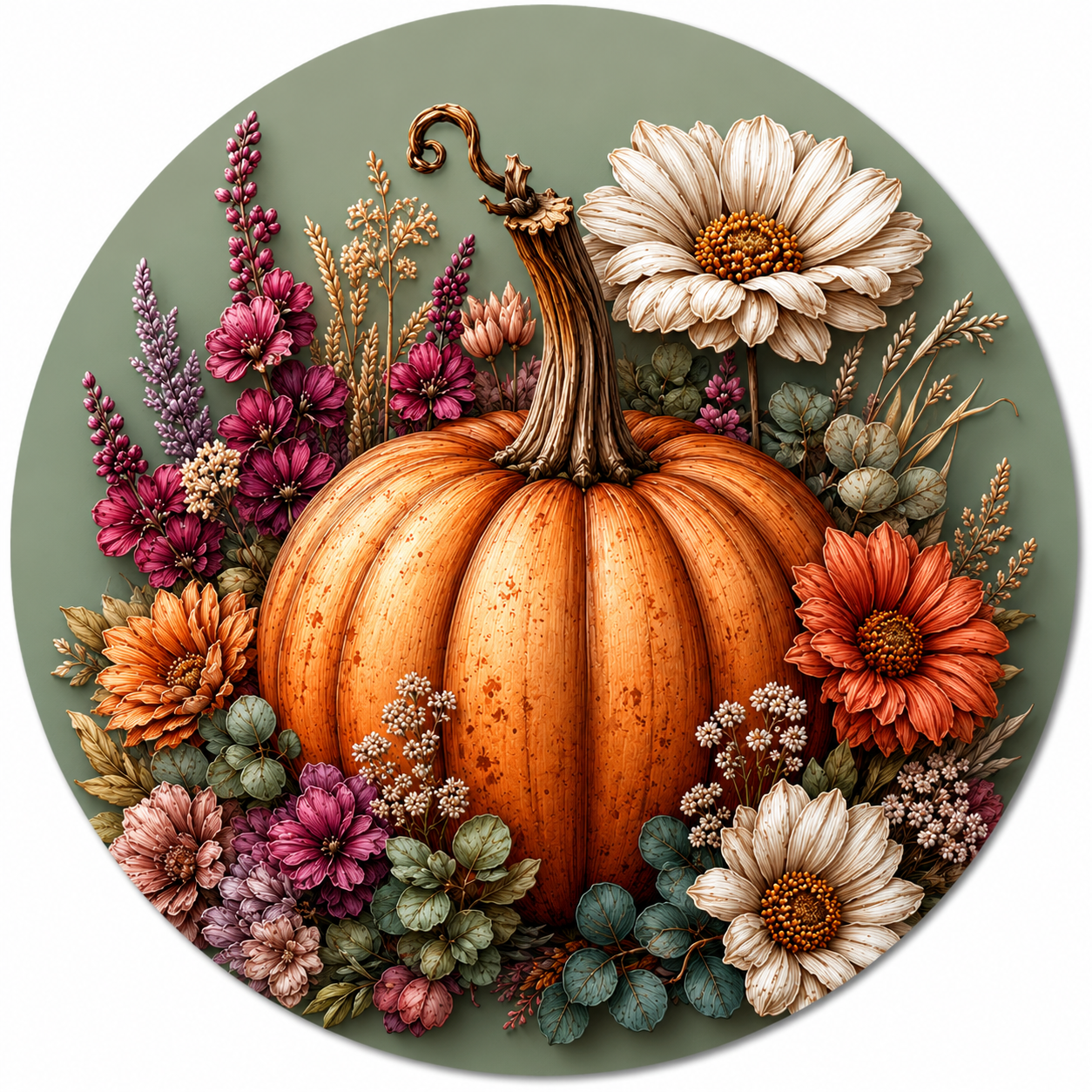 A circular autumn floral design featuring a large orange pumpkin surrounded by white, orange, and purple flowers, set against a muted sage green background.