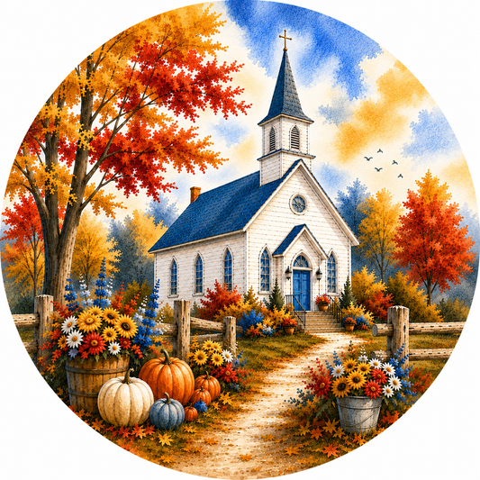 Round autumn country church metal sign featuring a white church with blue roof, colorful fall trees, pumpkins, sunflowers, wildflowers and a rustic pathway.