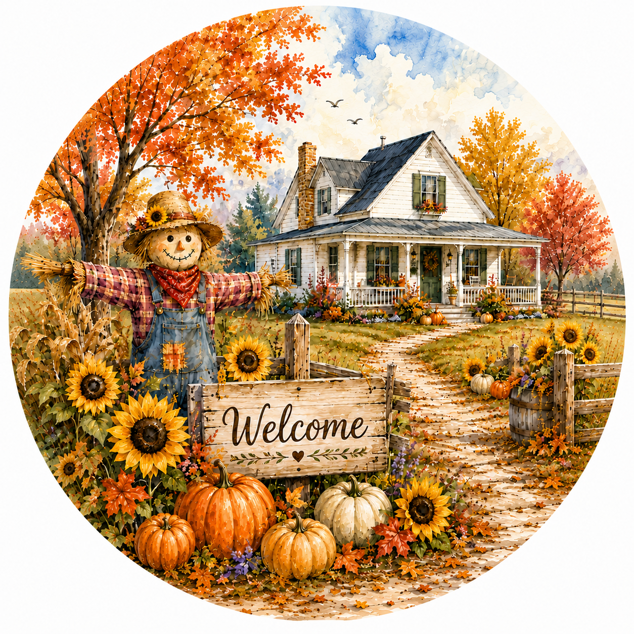 Round fall scarecrow welcome metal sign featuring a farmhouse, pumpkins, sunflowers, autumn trees and a rustic wooden welcome sign.