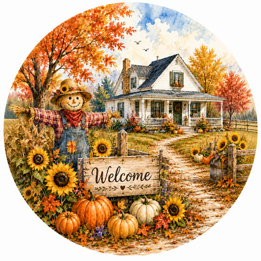 Round fall scarecrow welcome metal sign featuring a farmhouse, pumpkins, sunflowers, autumn trees and a rustic wooden welcome sign.