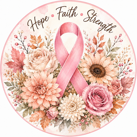Breast Cancer Awareness metal sign with Hope, Faith, Strength wording and pink ribbon design for wreaths, awareness events and supportive décor.