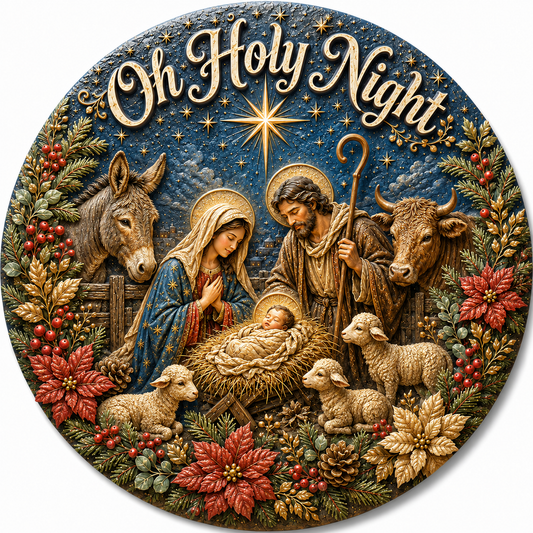 A circular Christmas wall sign featuring a detailed nativity scene with Mary, Joseph, baby Jesus in a manger, lambs, a donkey, and a cow under a starry blue sky. The text 'Oh Holy Night' is written at the top in an ornate cream font, surrounded by a border of red poinsettias, pinecones, and green foliage.