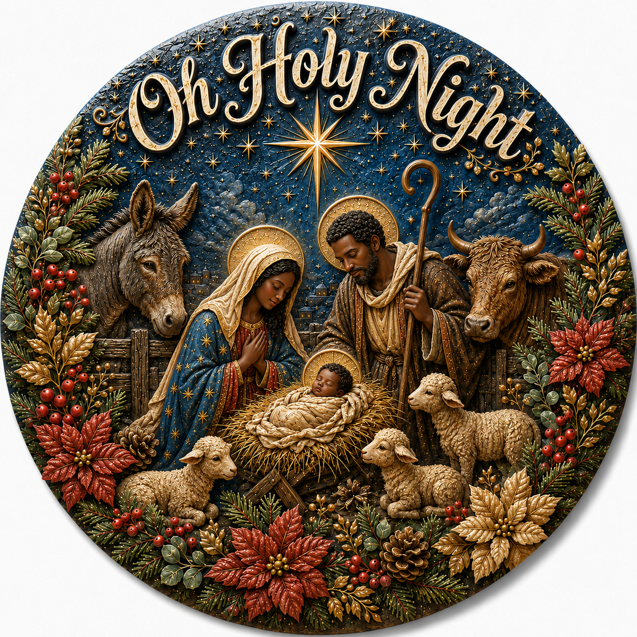 A circular Christmas nativity scene plaque featuring Mary, Joseph, baby Jesus in a manger, a donkey, a cow, and several lambs, with the text 'Oh Holy Night' at the top against a starry blue sky.