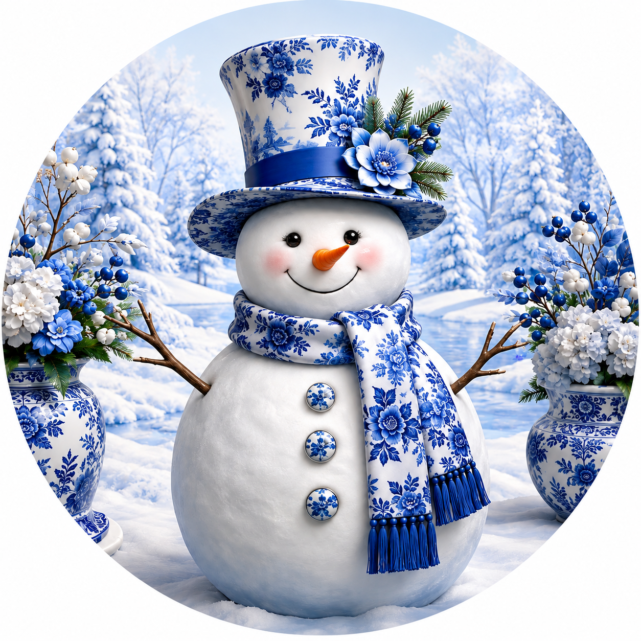 Chinoiserie Snowman Metal Sign | Blue and White Christmas Wreath Sign | Winter Door Decor ***Please Choose Size Below***