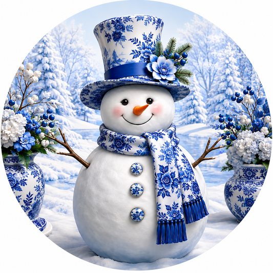 Chinoiserie Snowman Metal Sign | Blue and White Christmas Wreath Sign | Winter Door Decor ***Please Choose Size Below***