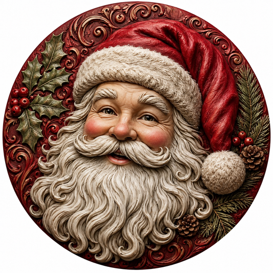 Round vintage Santa metal sign featuring a smiling Santa with a flowing white beard, red hat, holly, berries, evergreen branches, pinecones and ornate scrollwork.