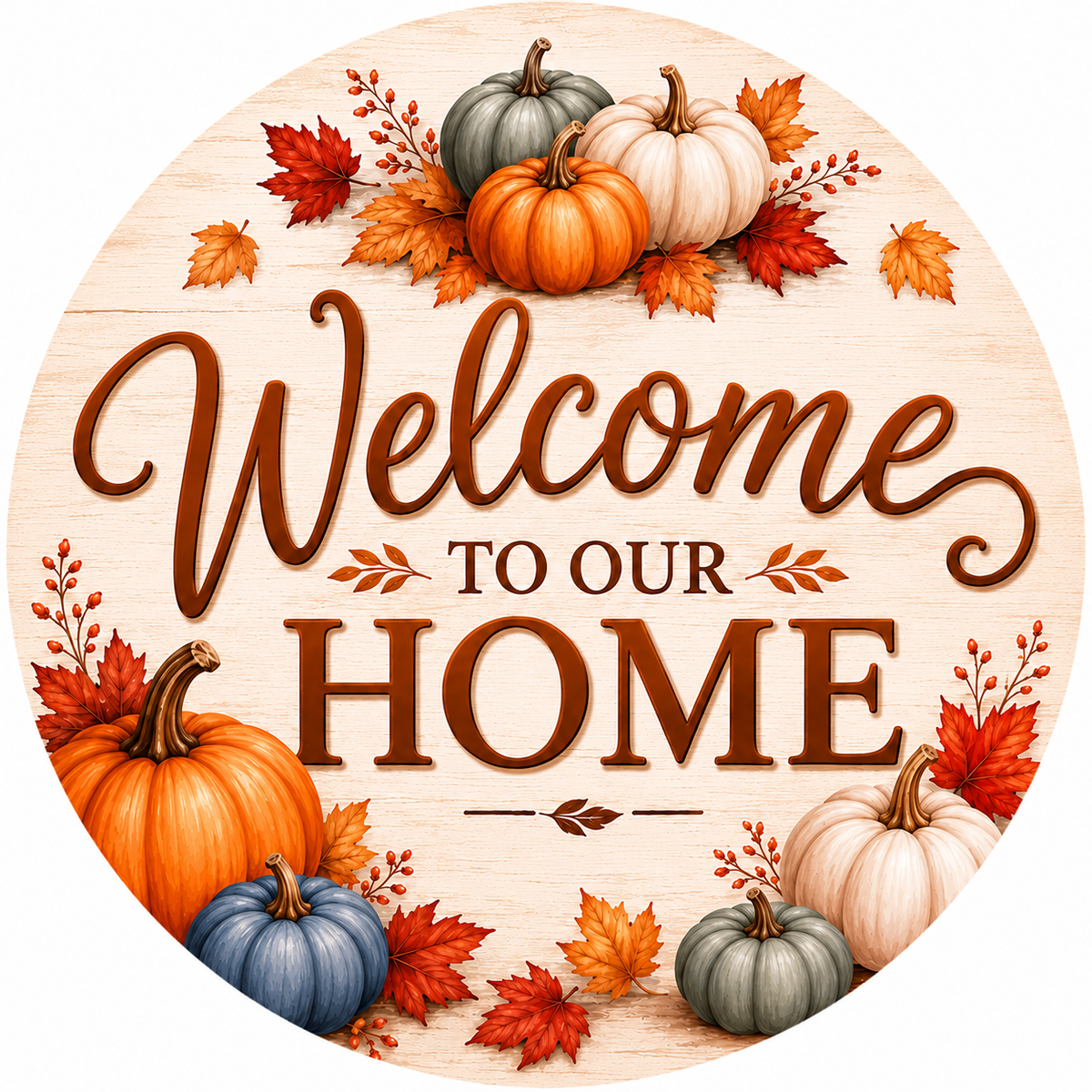 Round Welcome to Our Home fall metal sign featuring orange, cream, blue-gray and sage pumpkins with autumn leaves on a light woodgrain background.