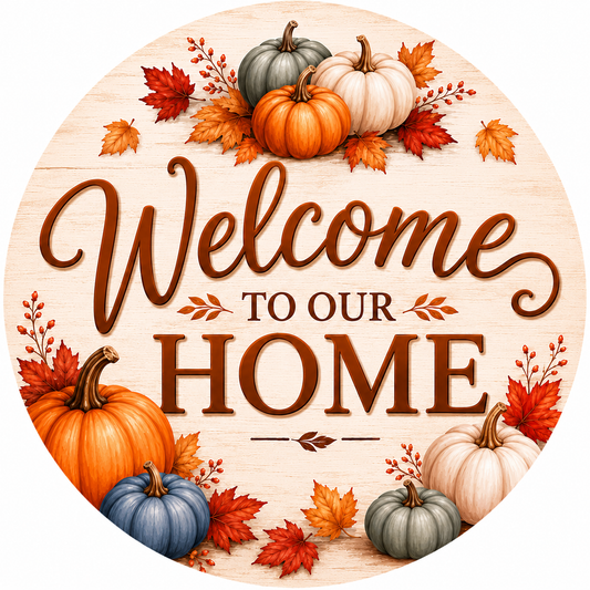 Round Welcome to Our Home fall metal sign featuring orange, cream, blue-gray and sage pumpkins with autumn leaves on a light woodgrain background.