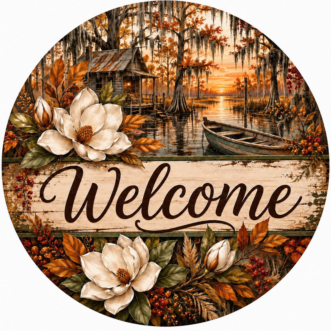 Round Magnolia Bayou Welcome metal sign featuring white magnolias, a Louisiana bayou sunset, cypress trees with Spanish moss, rustic fishing camp and pirogue.