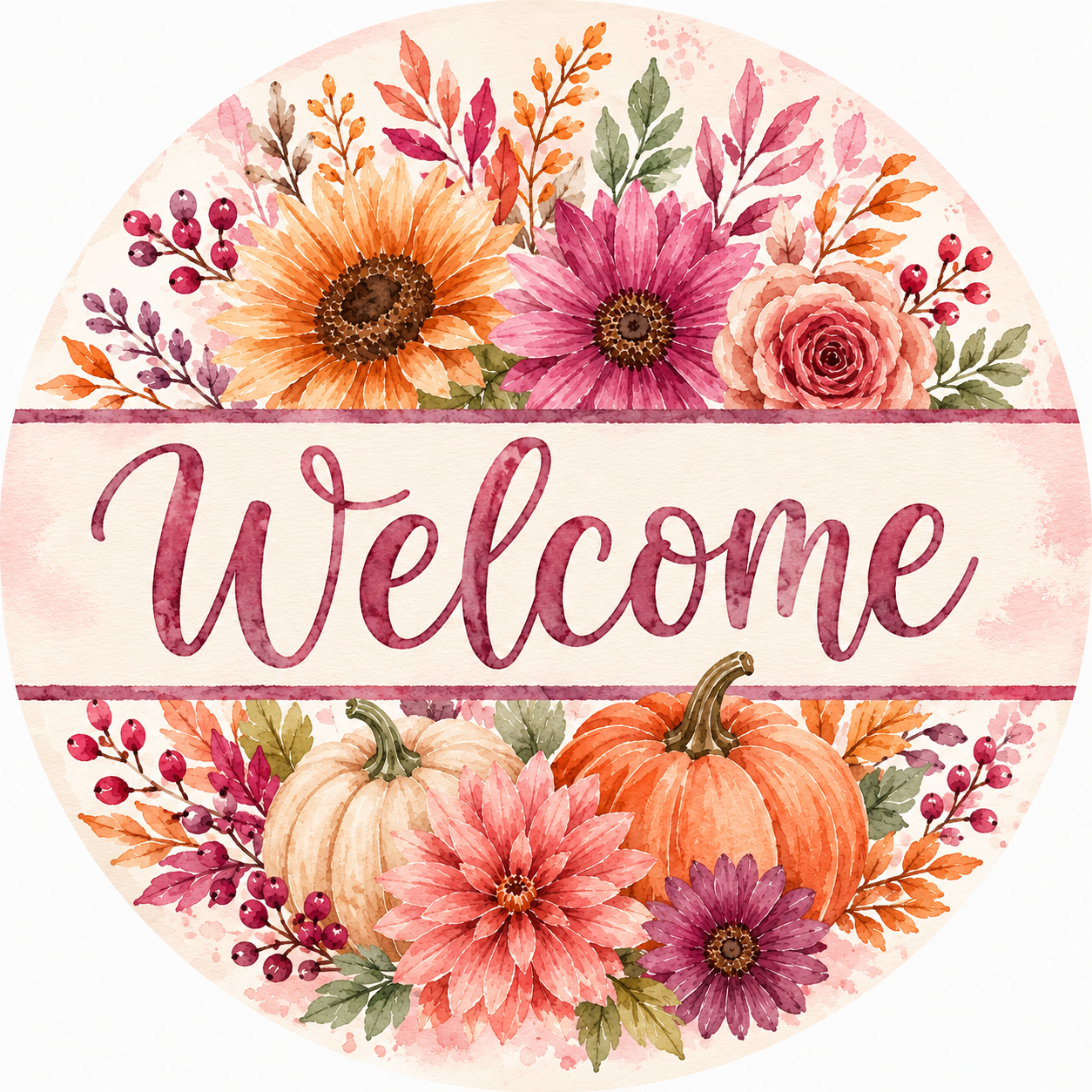 Round watercolor pumpkin welcome metal sign with orange and cream pumpkins, pink and purple flowers, berries and fall leaves for autumn wreaths and door décor.
