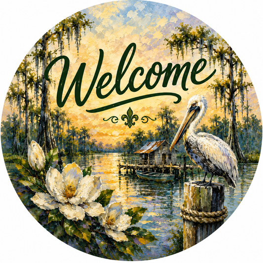 Round Louisiana bayou welcome metal sign featuring a brown pelican, white magnolias, cypress trees with Spanish moss, a rustic fishing camp and sunset over the water.