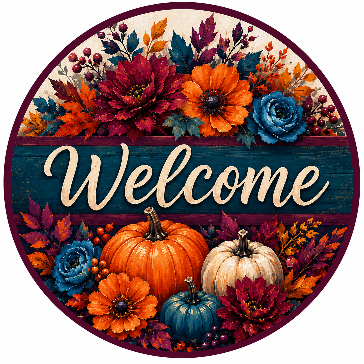 Round Welcome pumpkin metal sign featuring orange, cream and teal pumpkins surrounded by burgundy, blue and orange flowers on a deep teal background.