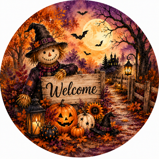 Round Halloween scarecrow welcome metal sign featuring a smiling scarecrow, jack-o’-lanterns, pumpkins, bats, lanterns, full moon and haunted house.