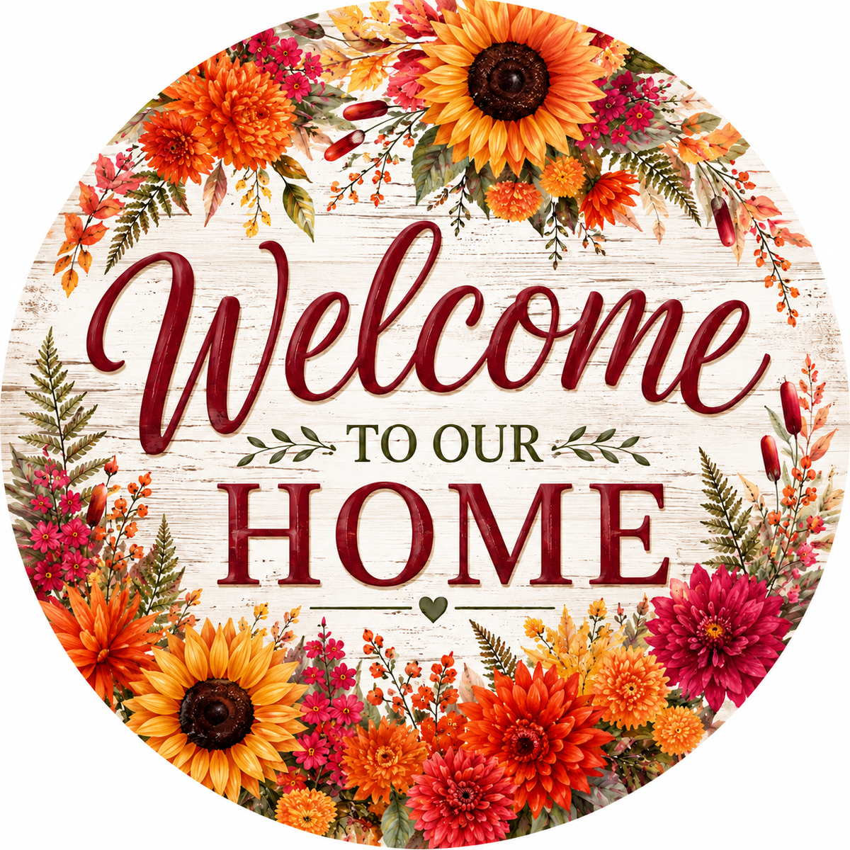 Round Welcome to Our Home fall metal sign featuring sunflowers, orange and burgundy mums, berries, ferns and autumn foliage on a distressed white background.