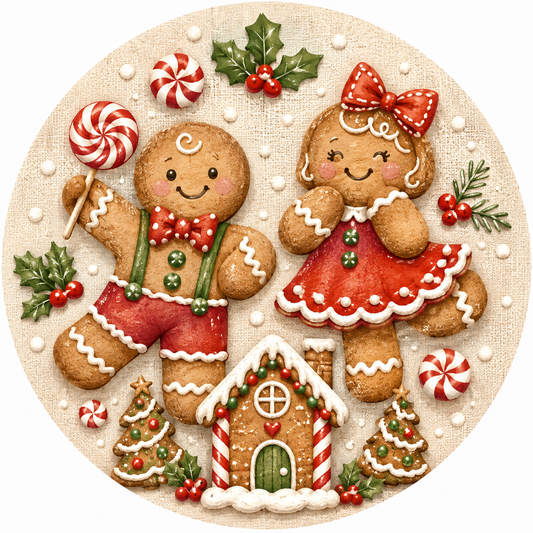 Round gingerbread Christmas metal sign featuring a gingerbread man and woman, candy house, peppermint candies, lollipops, holly and decorated gingerbread trees.